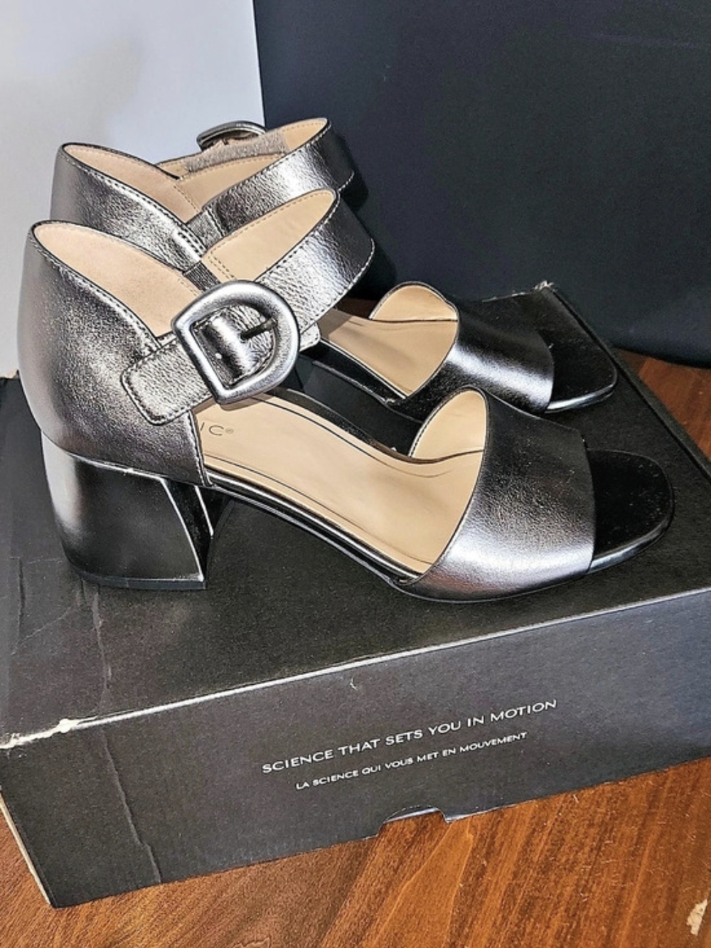 Vionic Chardonnay Metallic Block Heel Sandals PEWTER